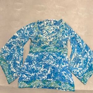 Calypso Christian Cello 100% silk embroidered top, huge bell sleeves, BoHO, sz 0